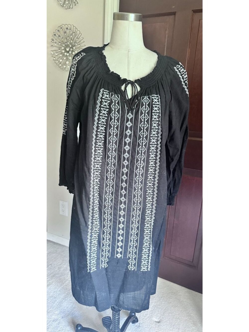 CASLON Boho Pheasant Embroidered Cotton Dress W/Slip Dress Black Ivory Medium